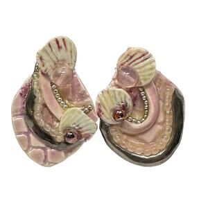 Vintage Fired Fantasies Clay Shell Earrings With Rhinestone Accents Pink Clip On